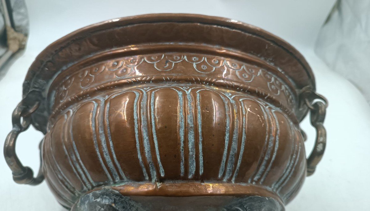 Embossed Copper Basin With Feral Feet Brass Origin Of Tuscany 17th Century-photo-4