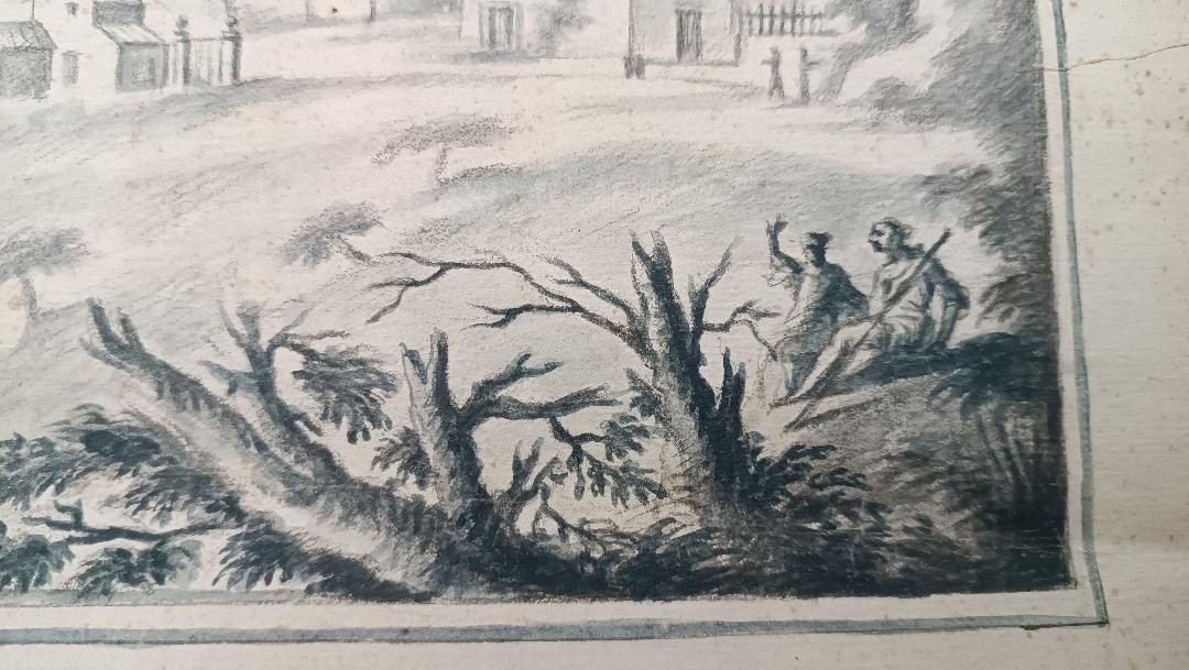 Antique Pencil Watercolor Drawing 18th Century Tuscan School "badia San Martino-photo-1