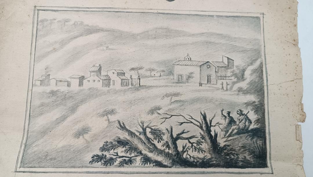 Antique Pencil Watercolor Drawing 18th Century Tuscan School "badia San Martino-photo-2