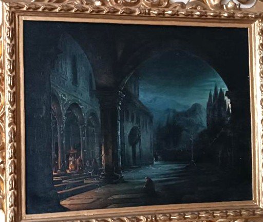 Peinture à l'Huile Sur Bois, Nuit, Couvent, Florence, Milieu Du XIXe Siècle - Fabio Borbottoni -photo-1