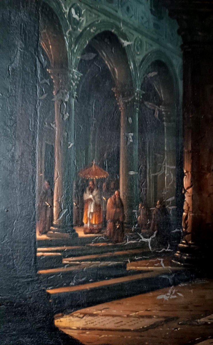 Peinture à l'Huile Sur Bois, Nuit, Couvent, Florence, Milieu Du XIXe Siècle - Fabio Borbottoni -photo-6