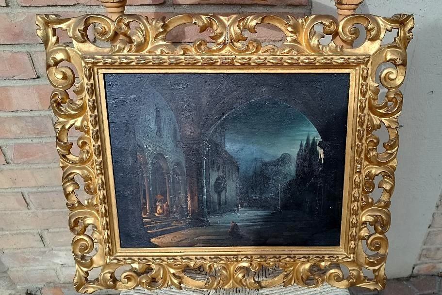 Peinture à l'Huile Sur Bois, Nuit, Couvent, Florence, Milieu Du XIXe Siècle - Fabio Borbottoni 