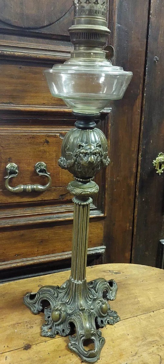 Grande Lampe à Huile Ancienne En Bronze Et Verre Du 19ème Siècle-photo-2