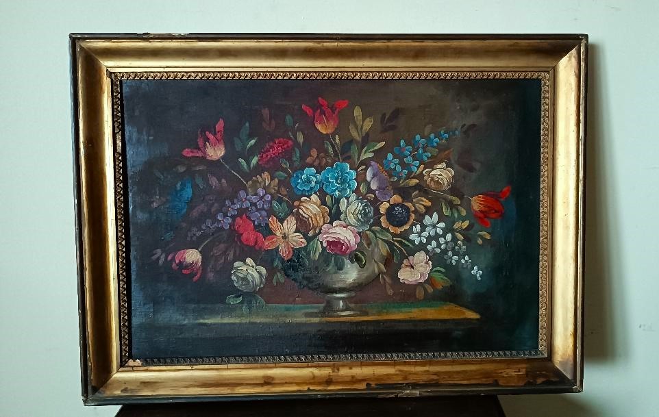 tableau ancien - vase aux fleurs nature morte début 19ème école française