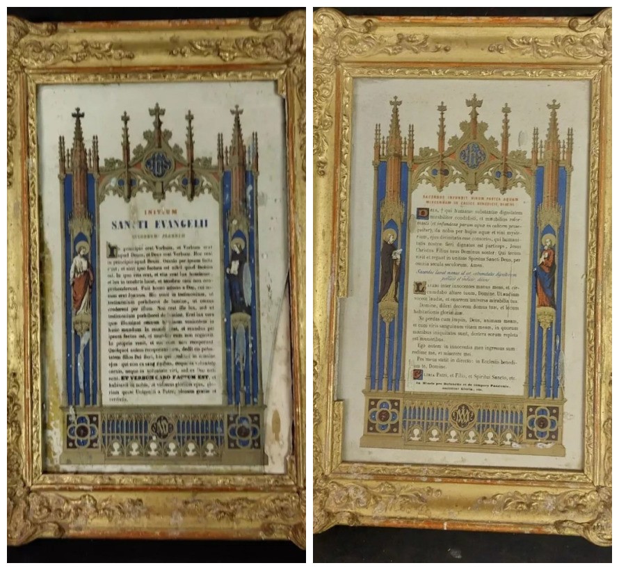 Paire De Cadres En Bois Doré à Décor De Prières Peintes à La Main, France 19ème Siècle