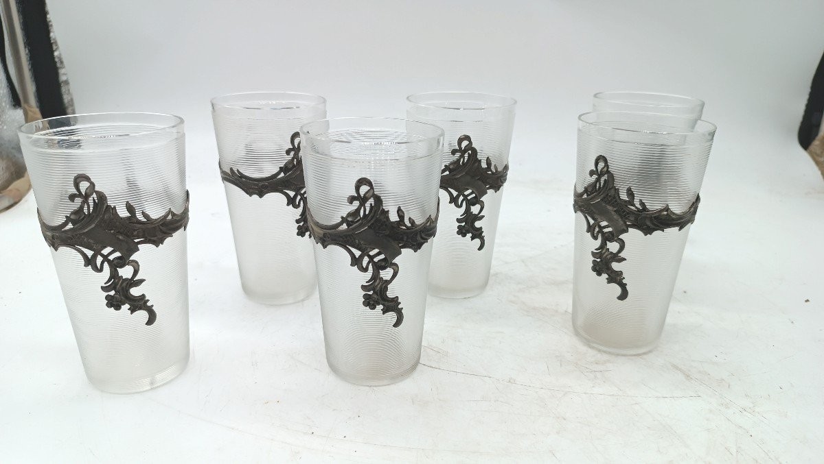 Plateau Avec Carafe Et 6 Verres En Verre Et Métal Argenté d'époque Art Nouveau-photo-4