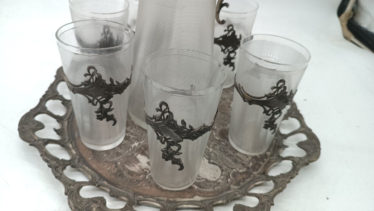 Plateau Avec Carafe Et 6 Verres En Verre Et Métal Argenté d'époque Art Nouveau-photo-3