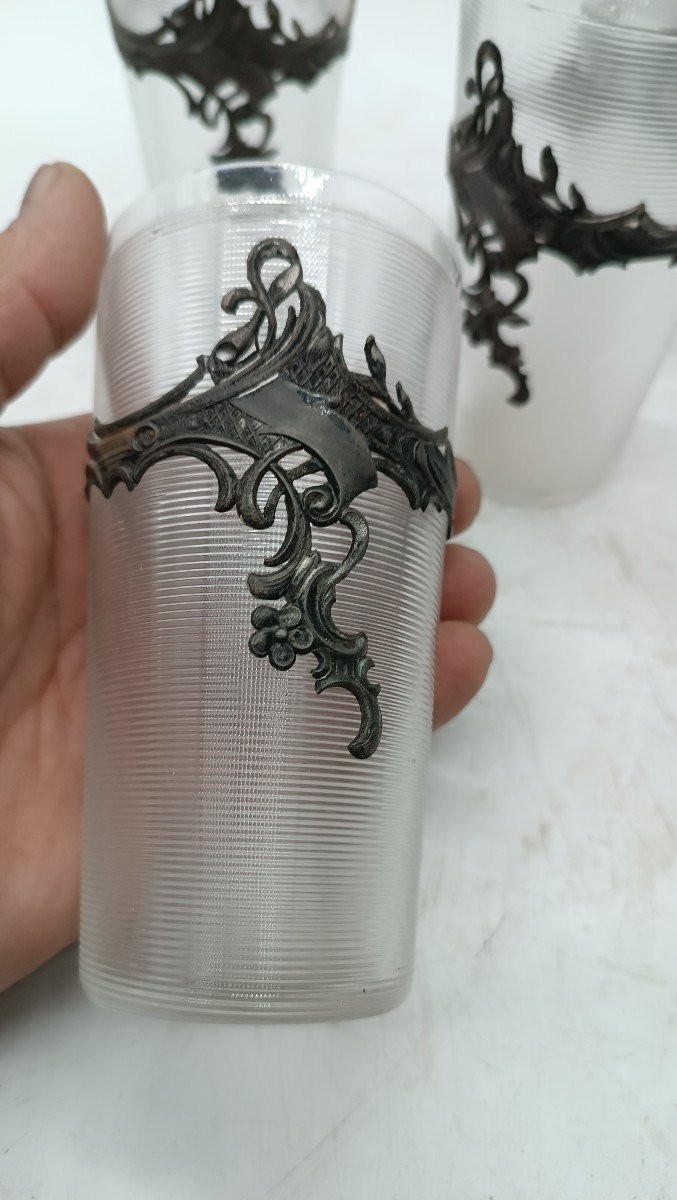 Plateau Avec Carafe Et 6 Verres En Verre Et Métal Argenté d'époque Art Nouveau-photo-4