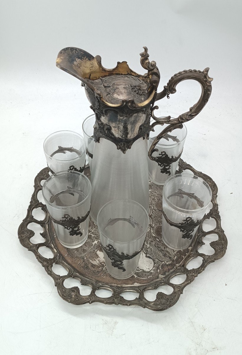 Plateau Avec Carafe Et 6 Verres En Verre Et Métal Argenté d'époque Art Nouveau