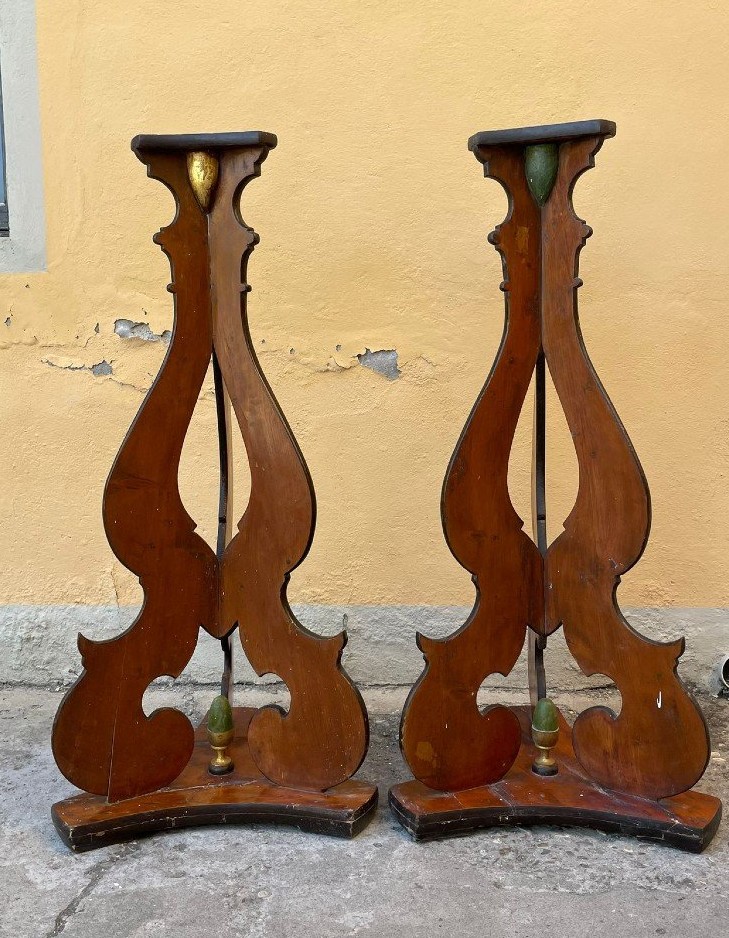 Large Pair Of Candlesticks, Bases, Tripods In Painted Wood, From The Late 18th/early 19th Centu-photo-3