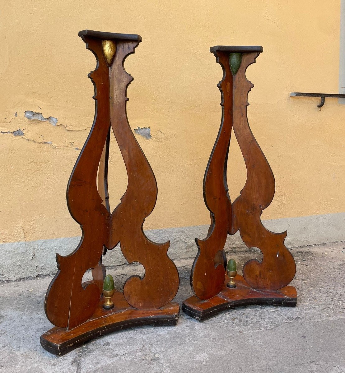 Large Pair Of Candlesticks, Bases, Tripods In Painted Wood, From The Late 18th/early 19th Centu
