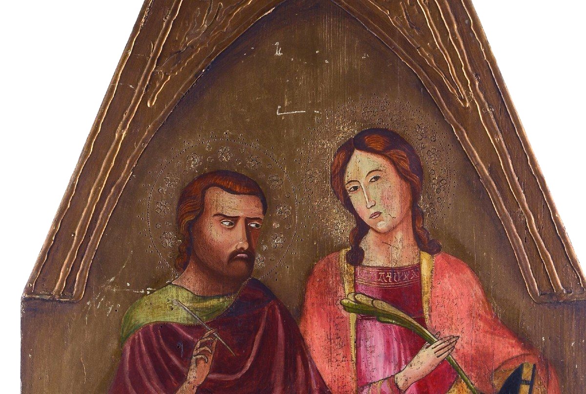 Old Tempera Painting On Panel With Saints, 19th Century-photo-3