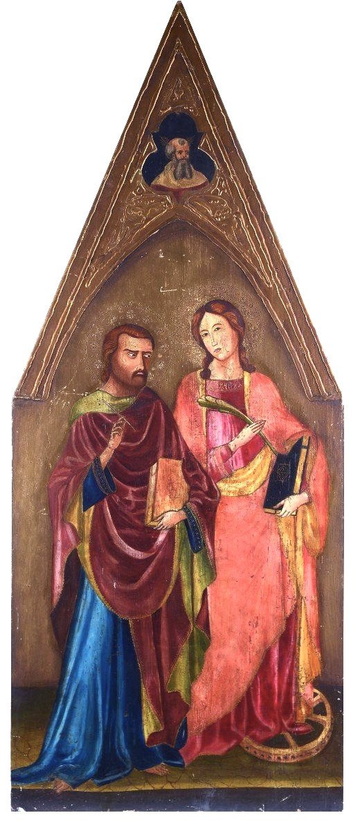 Old Tempera Painting On Panel With Saints, 19th Century