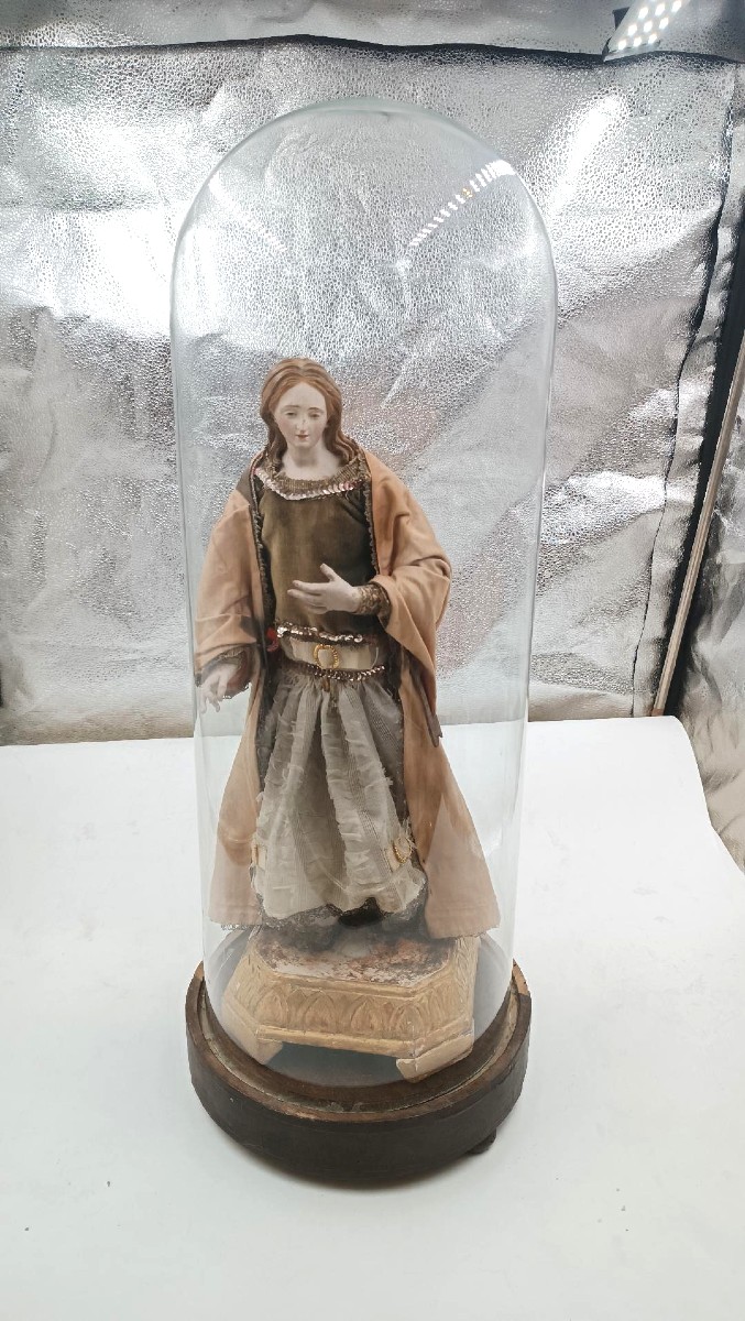 Ancient Sculpture Madonna Or Saint Agatha In A Glass Bell-photo-2