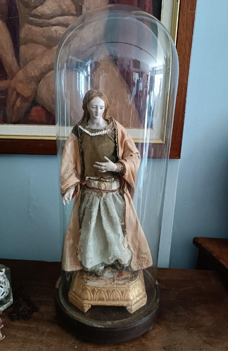 Ancient Sculpture Madonna Or Saint Agatha In A Glass Bell-photo-3