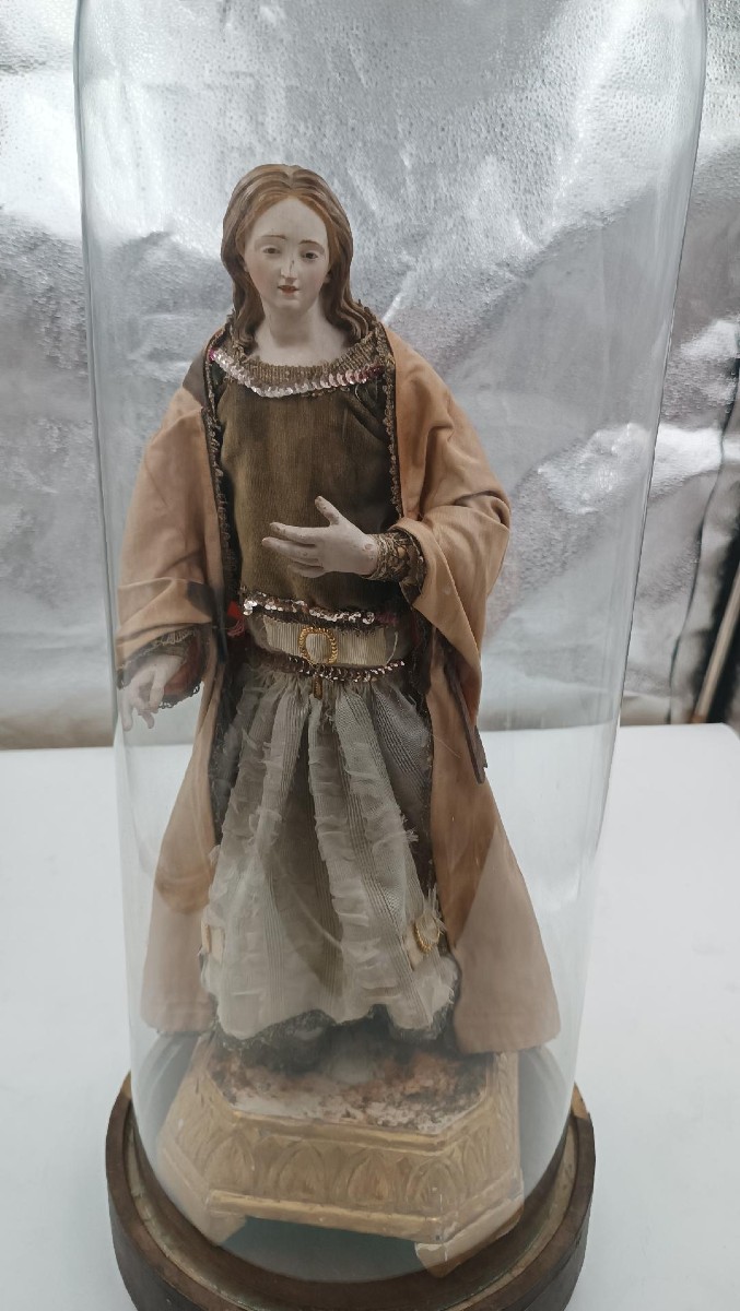 Ancient Sculpture Madonna Or Saint Agatha In A Glass Bell