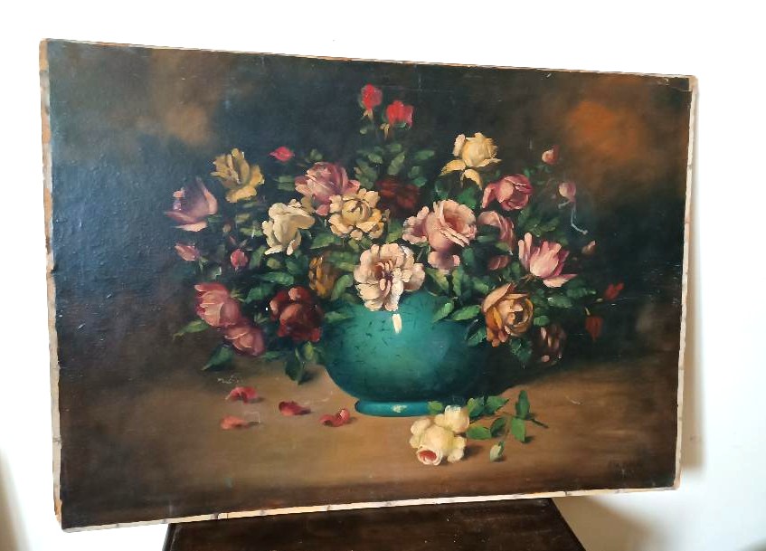 Grande peinture à l'huile sur toile - Vase avec fleurs - Nature morte - Italie de la fin du XIX-photo-2