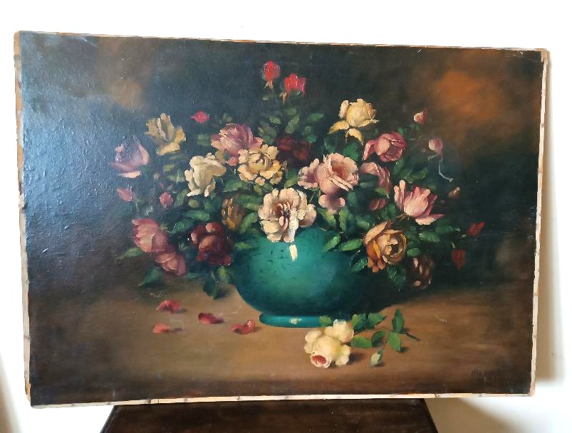 Grande peinture à l'huile sur toile - Vase avec fleurs - Nature morte - Italie de la fin du XIX-photo-3