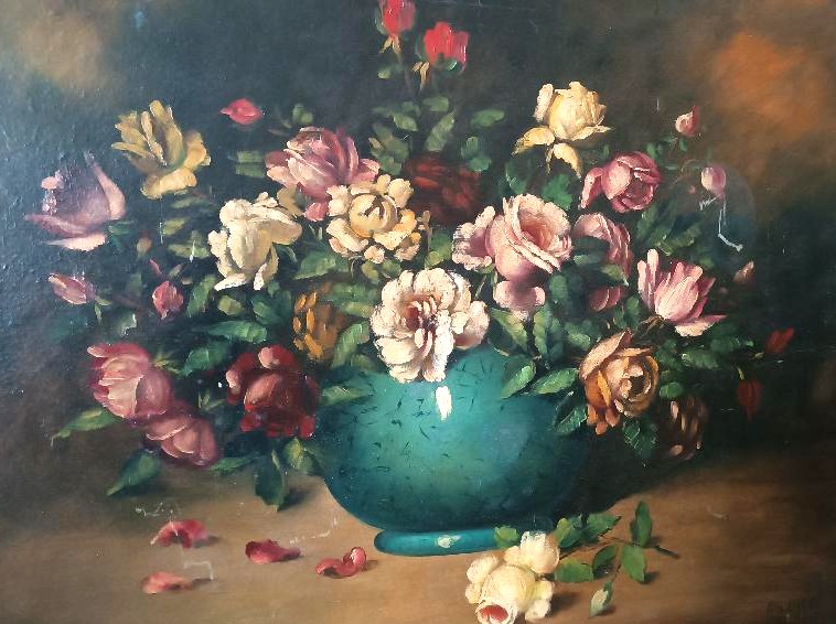 Grande peinture à l'huile sur toile - Vase avec fleurs - Nature morte - Italie de la fin du XIX-photo-4