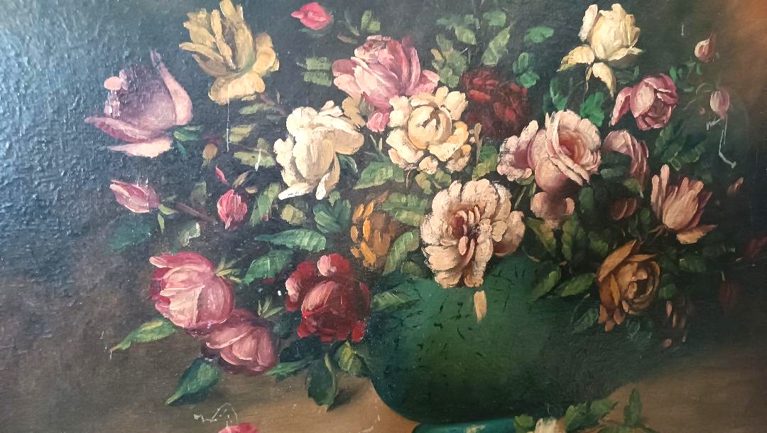 Grande peinture à l'huile sur toile - Vase avec fleurs - Nature morte - Italie de la fin du XIX-photo-1