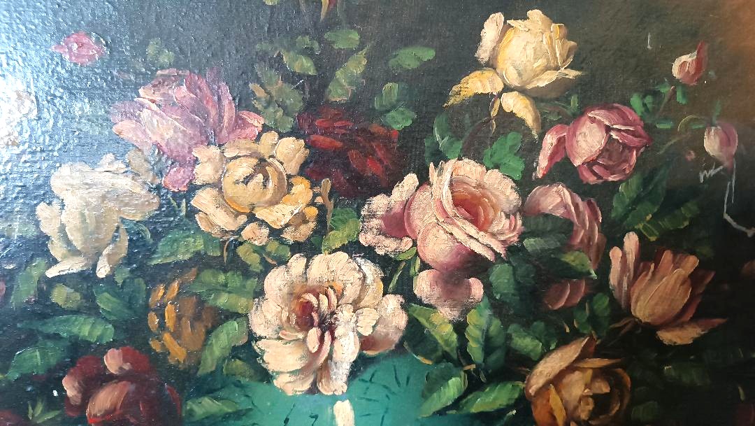 Grande peinture à l'huile sur toile - Vase avec fleurs - Nature morte - Italie de la fin du XIX-photo-2