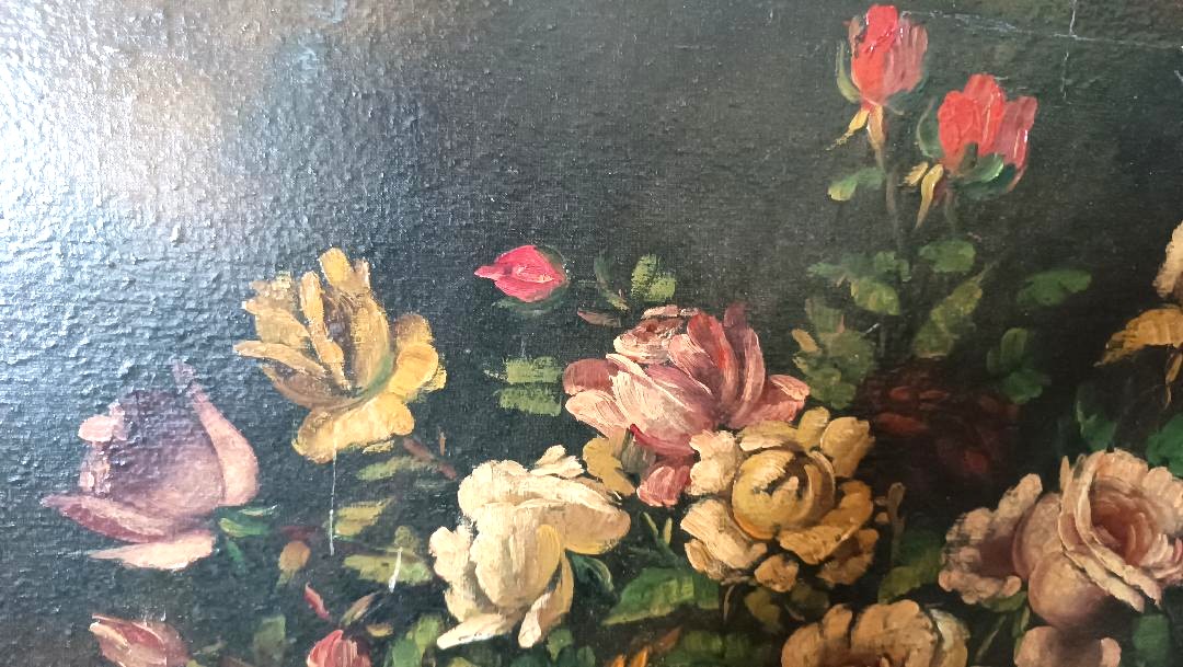 Grande peinture à l'huile sur toile - Vase avec fleurs - Nature morte - Italie de la fin du XIX-photo-4