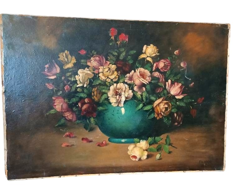 Grande peinture à l'huile sur toile - Vase avec fleurs - Nature morte - Italie de la fin du XIX