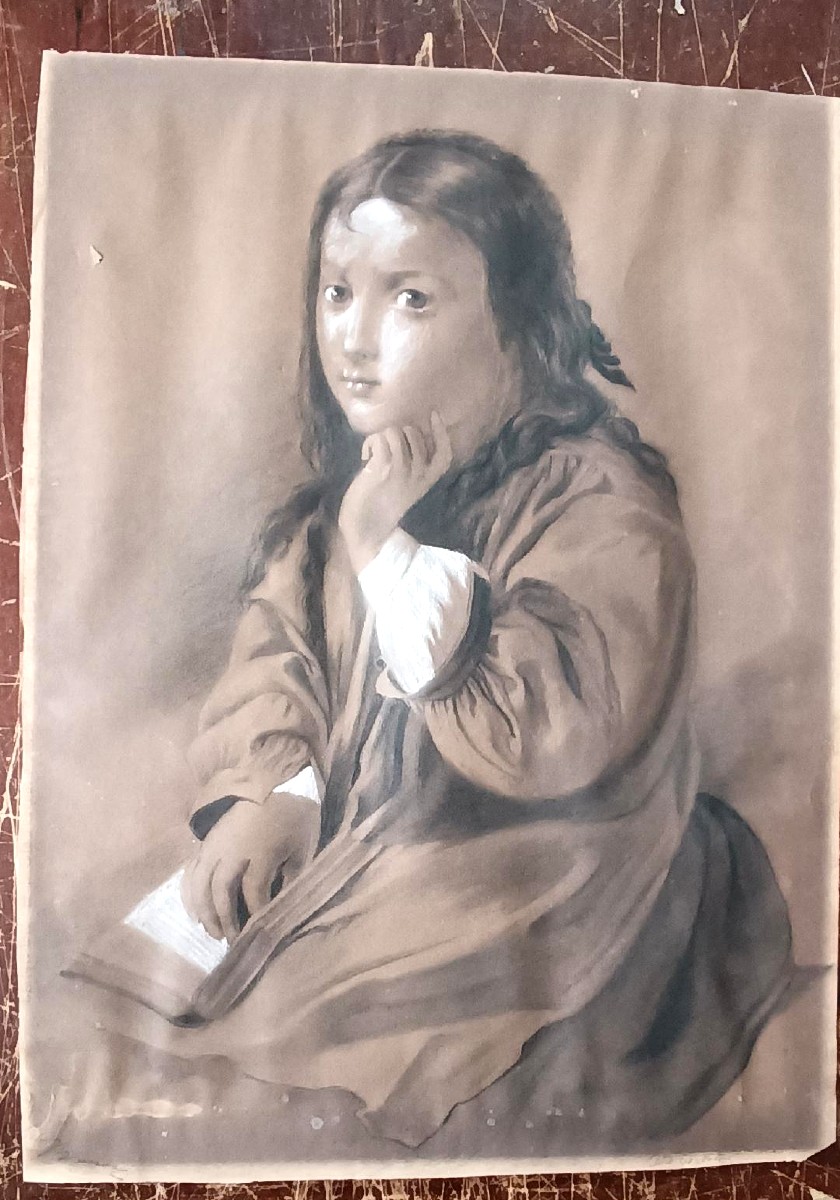 Portrait Féminin Dessin Fusain Mine De Plomb Blanc Signé Borsa Fin XIXe Siècle - 60 Cm X 42 Cm