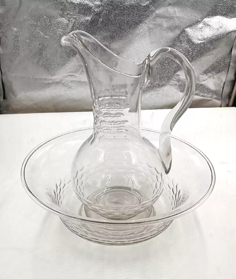Large Antique Glass Engraved 19th Century Basin Tray With Jug-photo-2