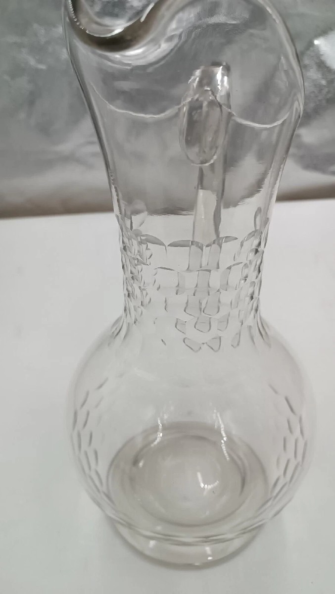 Large Antique Glass Engraved 19th Century Basin Tray With Jug-photo-2
