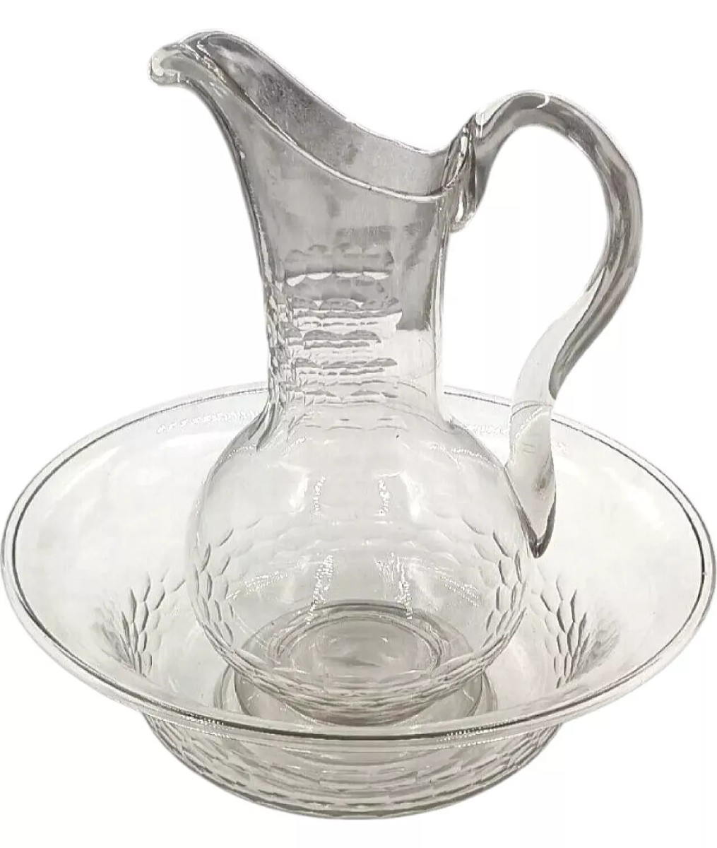 Large Antique Glass Engraved 19th Century Basin Tray With Jug