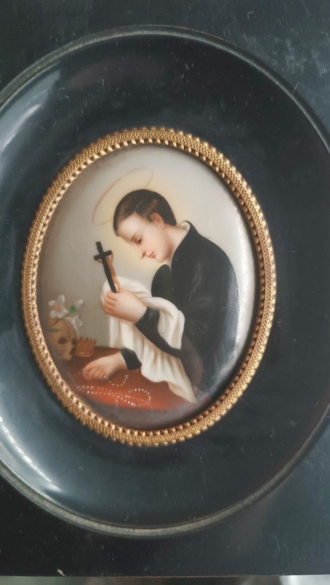 Miniature Peint Porcelaine Antique San Luigi Gonzaga -crâne Lis-photo-2