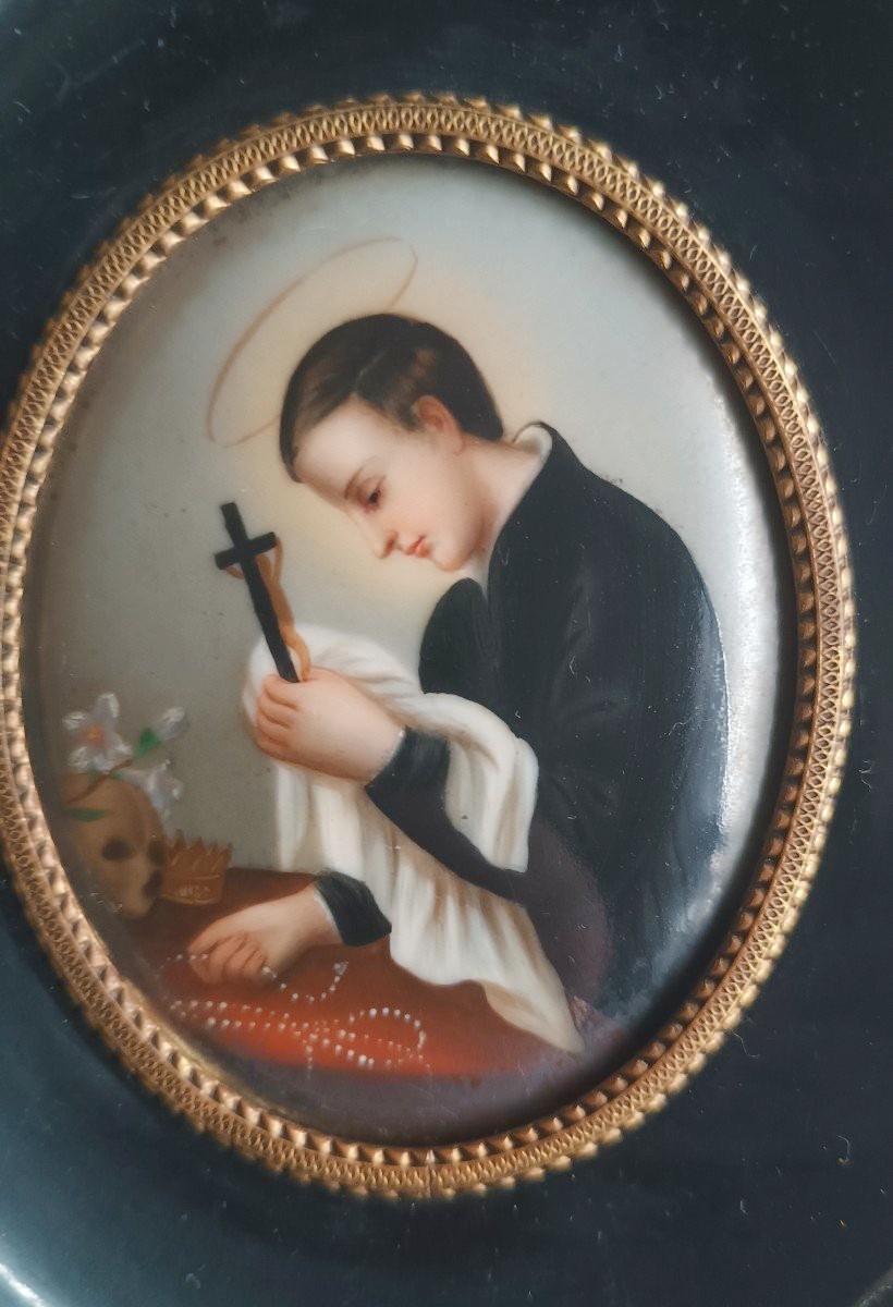 Miniature Peint Porcelaine Antique San Luigi Gonzaga -crâne Lis-photo-3