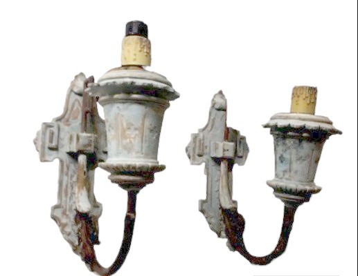 Pair Of Appliques In Lacquered Wood With Wrought Iron Shoots,