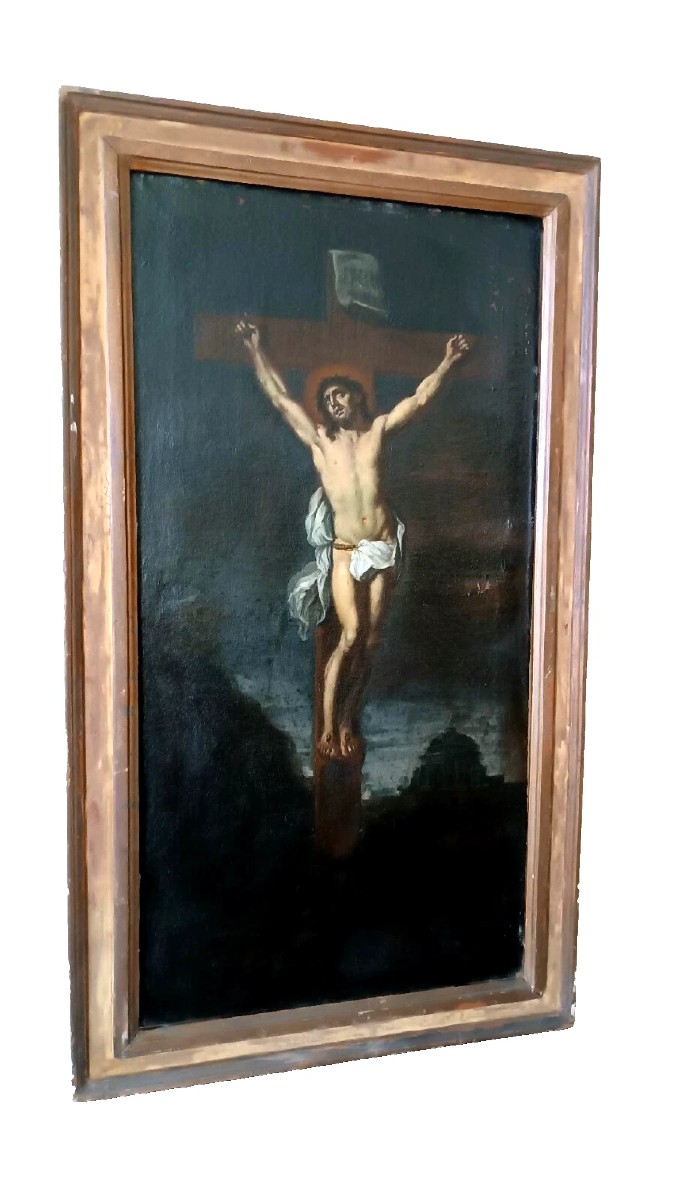 Ancient Oil Painting On Canvas, Crucified Christ, 17th Century Italy-photo-2