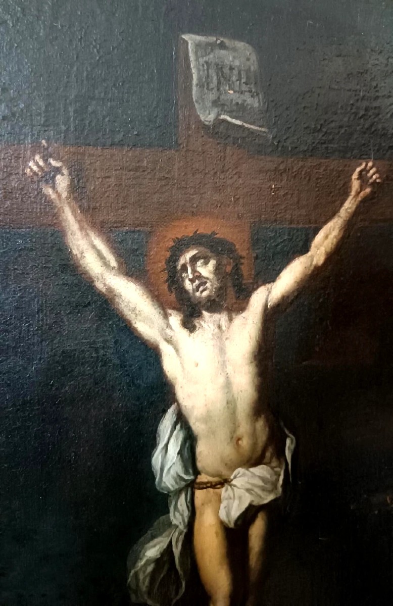 Ancient Oil Painting On Canvas, Crucified Christ, 17th Century Italy-photo-4