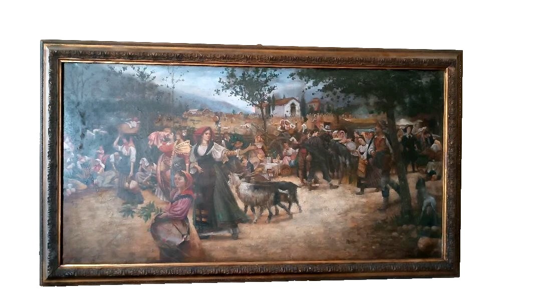 Large Oil On Canvas From The Early 1900s Depicting A Village Festival In Southern Italy.-photo-2