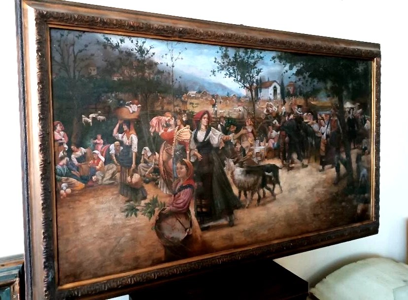 Large Oil On Canvas From The Early 1900s Depicting A Village Festival In Southern Italy.-photo-8