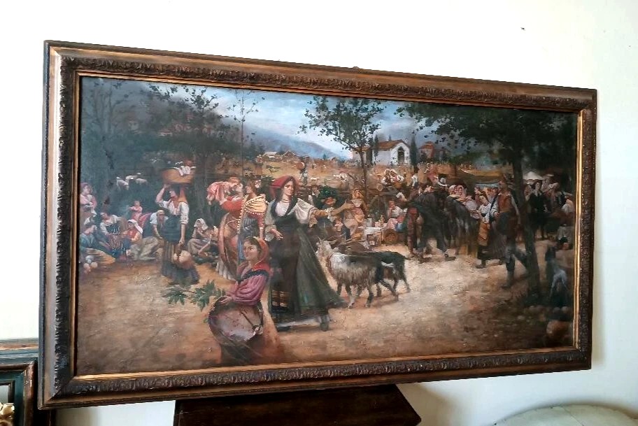 Large Oil On Canvas From The Early 1900s Depicting A Village Festival In Southern Italy.