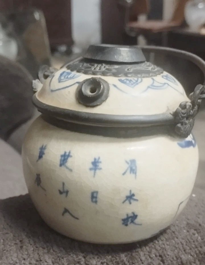Vase Céramique Peintures Bleu Asie Chine Porcelaine Antique 19e Siècle Pipe à Opium-photo-1