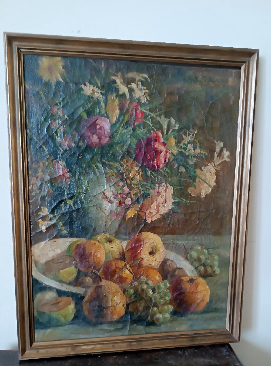 Peinture à l'huile sur toile XIXe siècle vase à fruits avec fleurs-photo-2