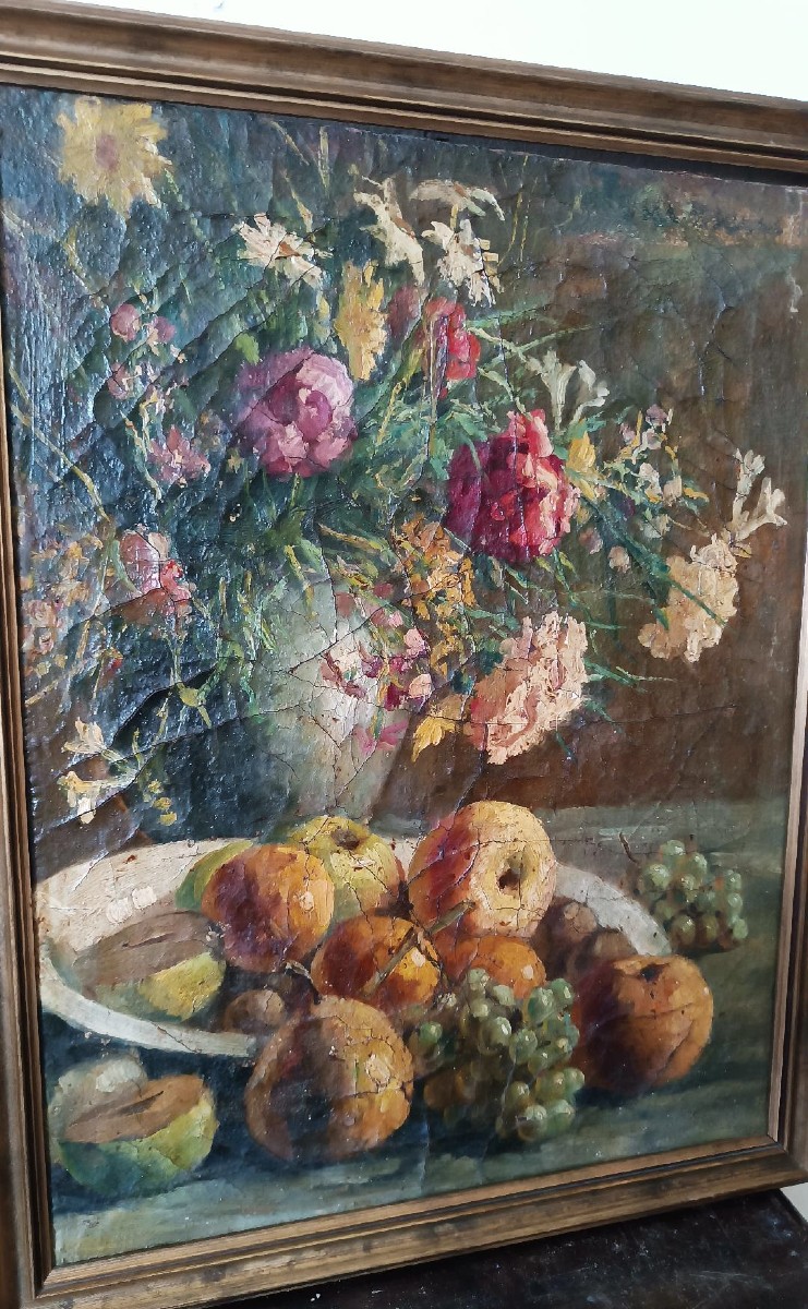 Peinture à l'huile sur toile XIXe siècle vase à fruits avec fleurs-photo-4