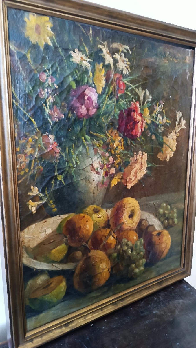 Peinture à l'huile sur toile XIXe siècle vase à fruits avec fleurs-photo-1