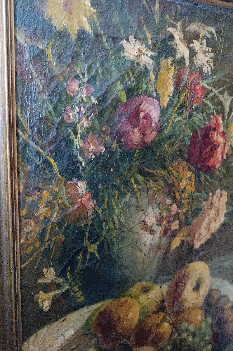 Peinture à l'huile sur toile XIXe siècle vase à fruits avec fleurs-photo-2