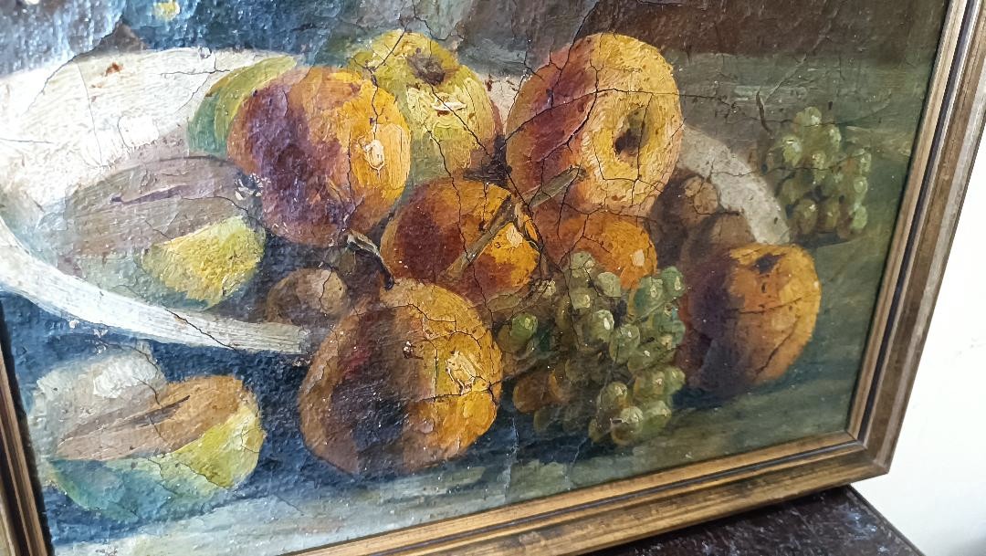 Peinture à l'huile sur toile XIXe siècle vase à fruits avec fleurs-photo-4