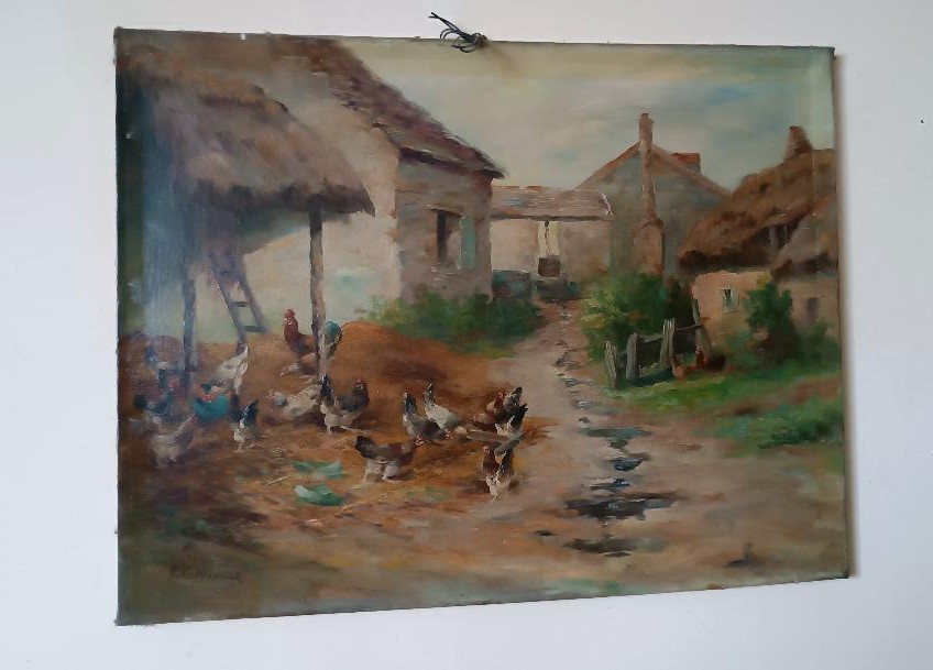 Peinture à l'huile sur toile Edmond Van Coppenolle (1846-1914) Paysage aux poules-photo-2