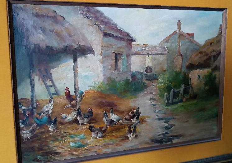 Peinture à l'huile sur toile Edmond Van Coppenolle (1846-1914) Paysage aux poules-photo-1