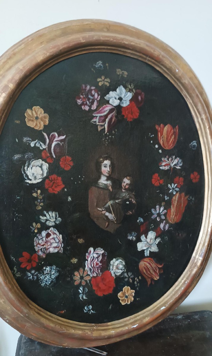 Peinture à l'Huile Sur Toile, école Italienne, Vierge à l'Enfant Sur Une Guirlande De Fleurs - -photo-3