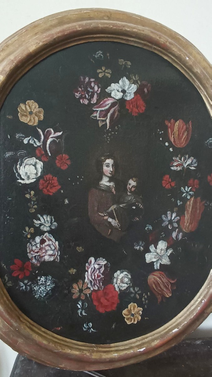 Peinture à l'Huile Sur Toile, école Italienne, Vierge à l'Enfant Sur Une Guirlande De Fleurs - -photo-6