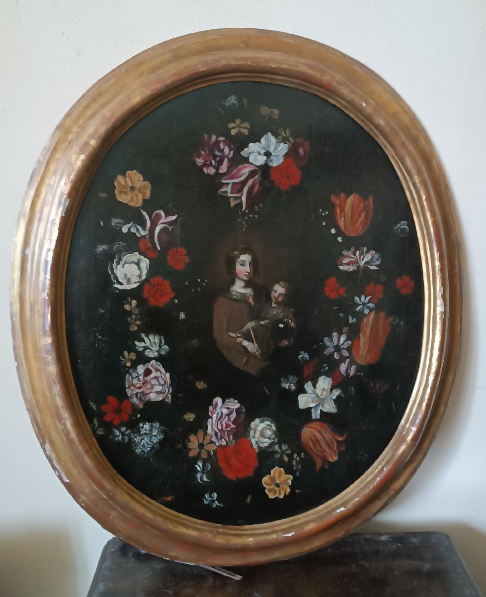 Peinture à l'Huile Sur Toile, école Italienne, Vierge à l'Enfant Sur Une Guirlande De Fleurs - 